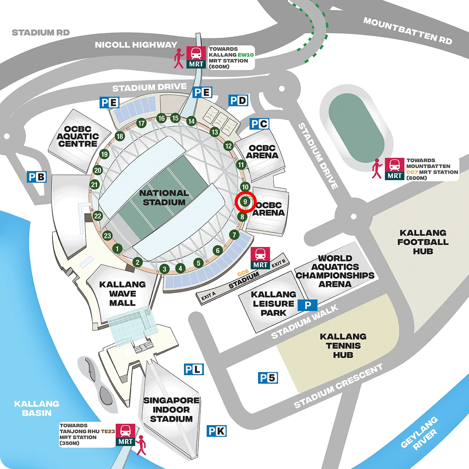 Map showing The Kallang and National Stadium