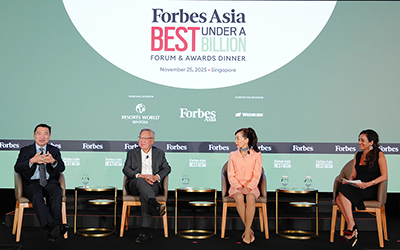 LESSONS FROM THE TOP (L-R) Loh Boon Chye, CEO, Singapore Exchange; Loo Choon Yong, Executive Chairman, Raffles Medical Group; Jane Sun, CEO, Trip.com Group; Rana Wehbe Watson, Editorial Director, Forbes Asia