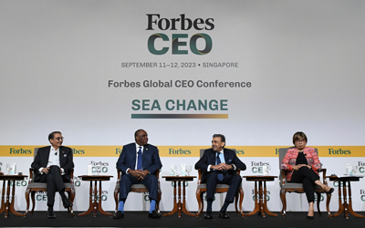 Scanning the Horizon (L-R) Liang Xinjun, Chairman & CEO, XIN Family, Cofounder, Fosun Group; Aloke Lohia, Founder & Group CEO, Indorama Ventures; Benedict Oramah, President & Chairman, African Export-Import Bank; V Shankar, CEO & Cofounder, Gateway Partners; Rebecca Fatima Sta Maria, Executive Director, APEC Secretariat; Rich Karlgaard, Futurist & Editor-at-Large, Forbes Media