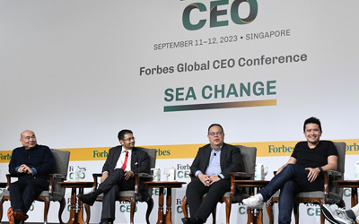 Changing Course (L-R) Leo KoGuan, Founder & Chairman, SHI International Corp.; Nicholas A. Nash, Cofounder & Managing Partner, Asia Partners; David Su, Founding Managing Partner, Matrix Partners China; Min-Liang Tan, Cofounder & CEO, Razer; Rich Karlgaard, Futurist & Editor-at-Large, Forbes Media
