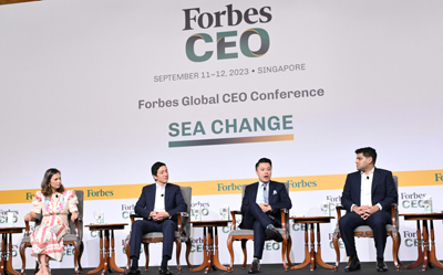 Next Frontiers (L-R) Hing Chao, Executive Chairman, Wah Kwong Maritime Transport Holdings; Rose Damen, MD, Damen Yachting, Third generation Damen Shipyards Group family shareholder; Kuok Meng Xiong, MD, K3 Ventures; Kevin L. Tan, CEO, Alliance Global Group Inc.; Sudarshan Venu, MD, TVS Motor Company; Naazneen Karmali, Asia Wealth Editor & India Editor, Forbes Asia