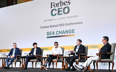 Brainpower Breakthrough (L-R) Antoine Blondeau, Cofounder & Managing Partner, Alpha Intelligence Capital; Meng Ru Kuok, Group CEO & Founder, Caldecott Music Group; Rohan Narayana Murty, Founder & CTO, Soroco; Eduardo Saverin, Cofounder & Co-CEO, B Capital; Rich Karlgaard, Futurist & Editor-at-Large, Forbes Media